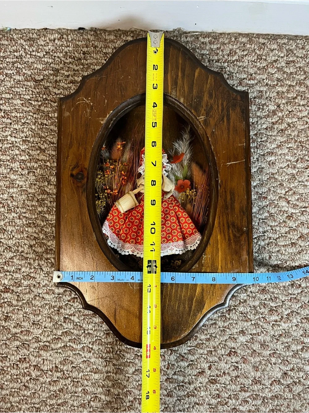 Vintage 70’s cornhusk Doll in orange Floral Dress wood Shadowbox